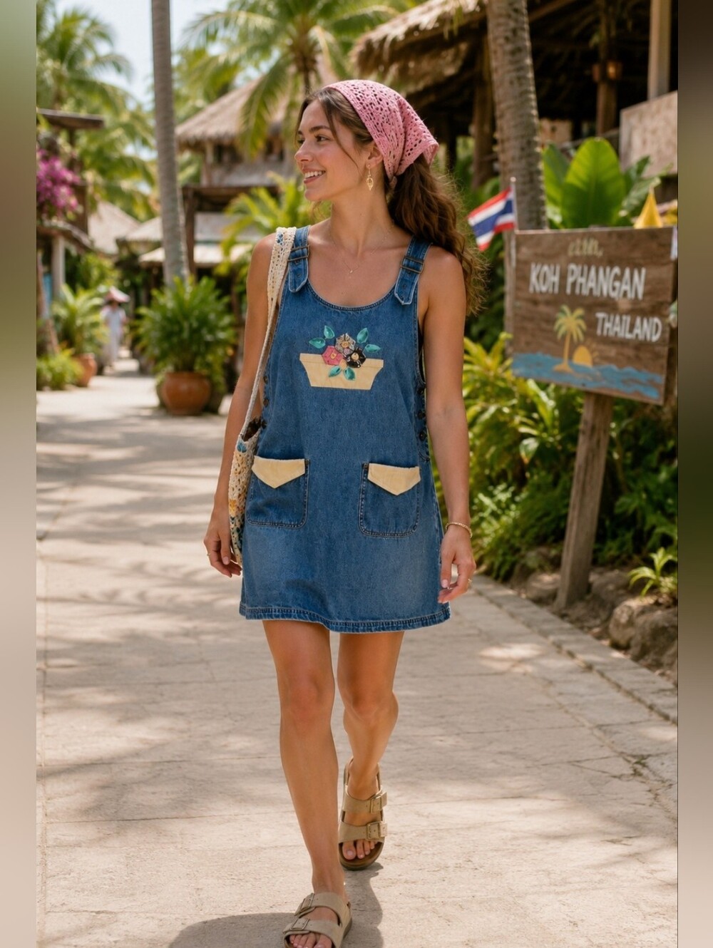 Haik's VTG 80's Medium Denim Jumper Dress Floral 3D Appliqué Adjustable Cottage